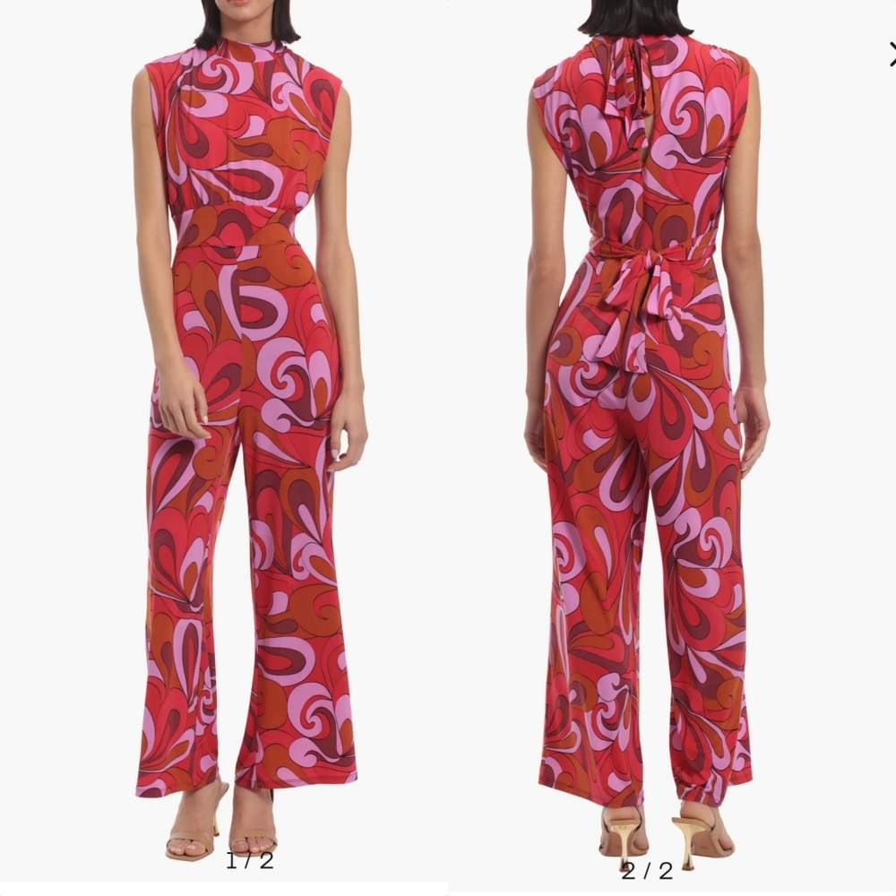 🆕️ Donna Morgan Retro Mock Neck Flare Lef Jumpsuit in Red & Lavender - Picture 3 of 11